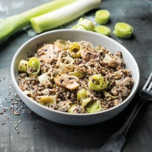This vegetarian dish combines leeks, mushrooms and lentils on a base of quinoa.
