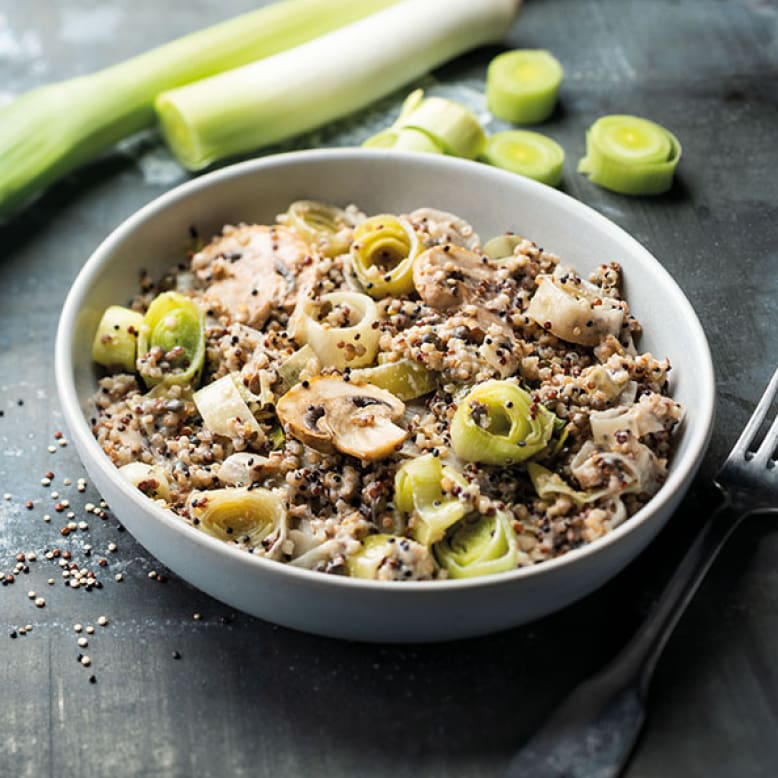 This vegetarian dish combines leeks, mushrooms and lentils on a base of quinoa.